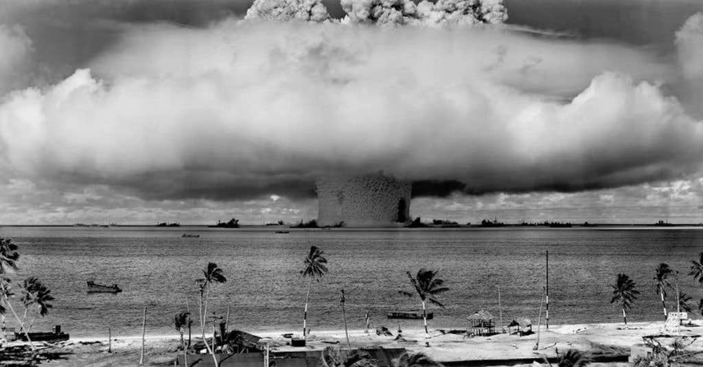 Atomic bomb explodes on Bikini Atoll in 1946.