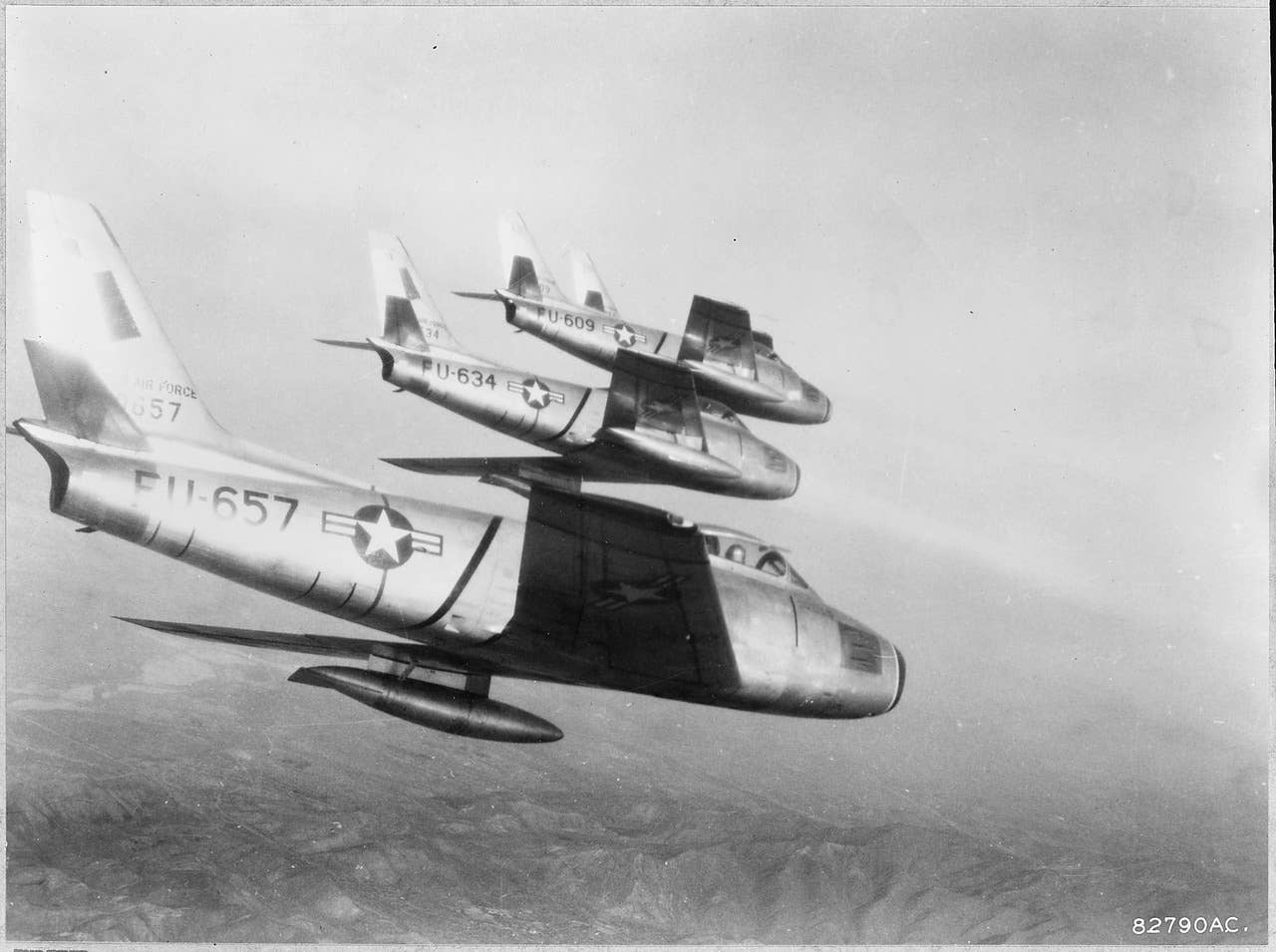 F-86 Sabres on patrol over Korea. Sabres shot down at least 792 MiGs. (USAF photo)