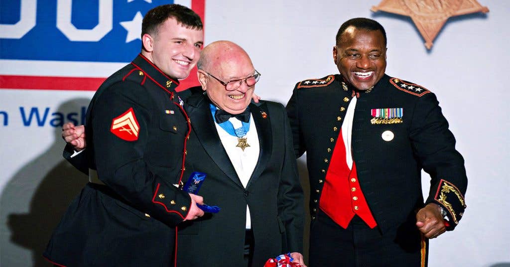 Medal of Honor recipient and Marine veteran Hershel Moody with two of his brothers-in-arms. (Image from DoD)