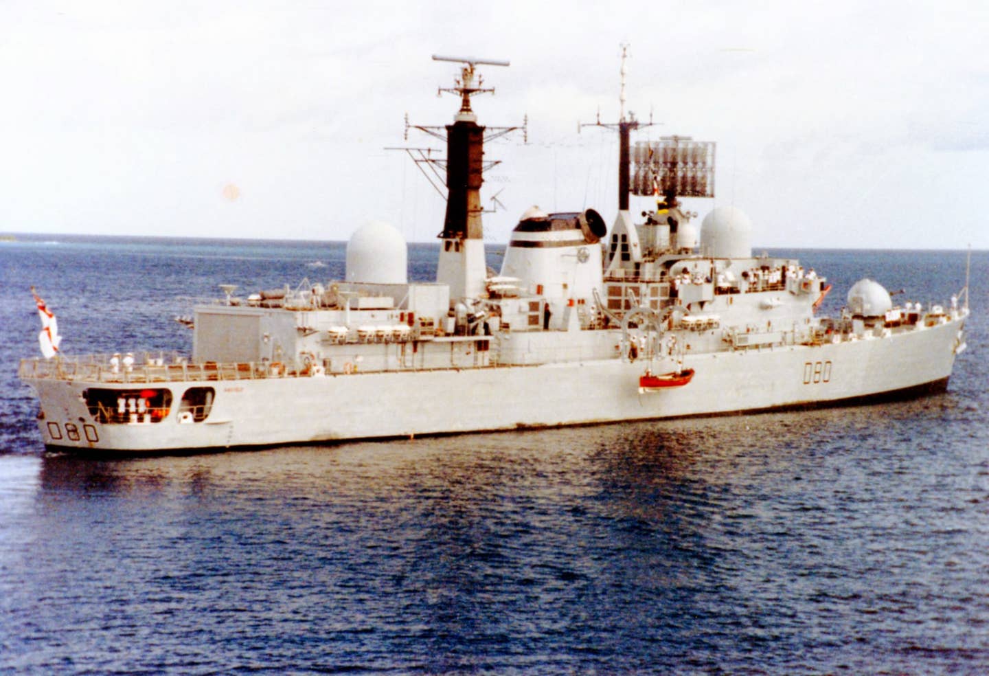 The Type 42 guided-missile destroyer HMS Sheffield, sunk by an Exocet fired by an Argentinean Super Etendard. (Wikimedia Commons photo by Nathalmad)