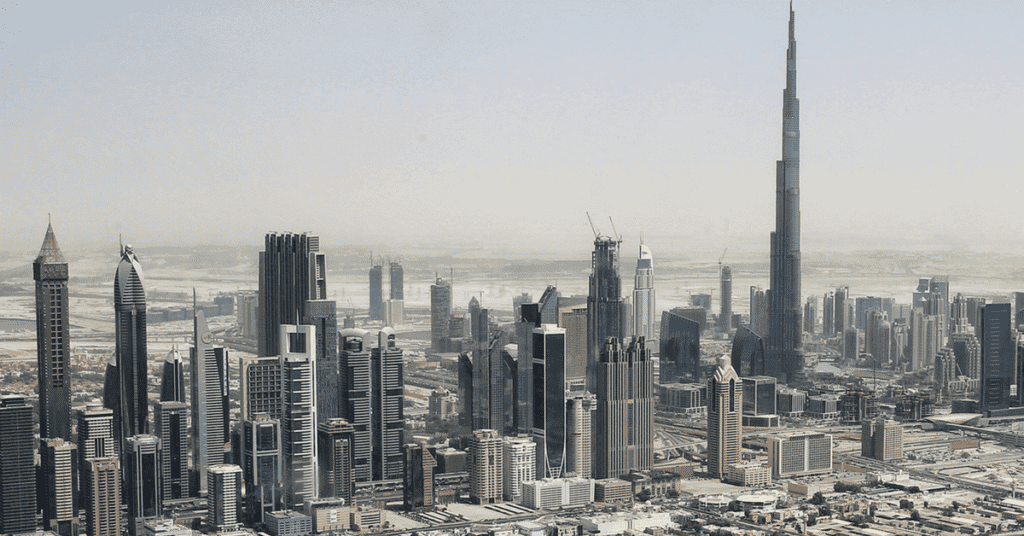 Skyline of Downtown Dubai with Burj Khalifa from a Helicopter. (Image Wikipedia)