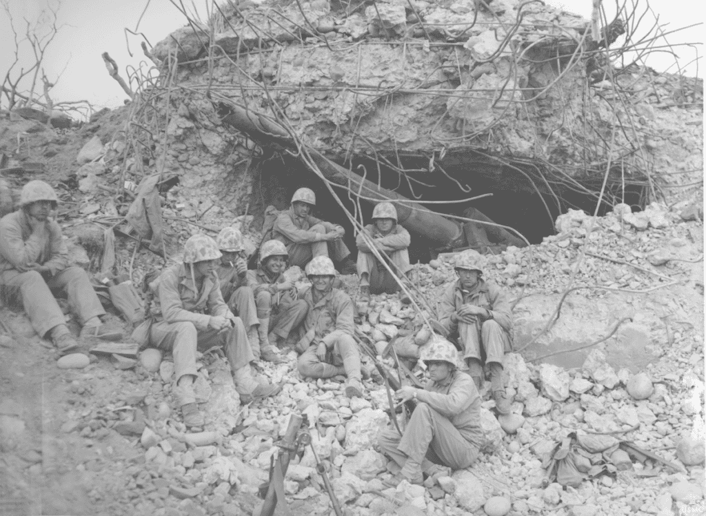 These Marines take a much-earned break during the Battle of Iwo Jima.