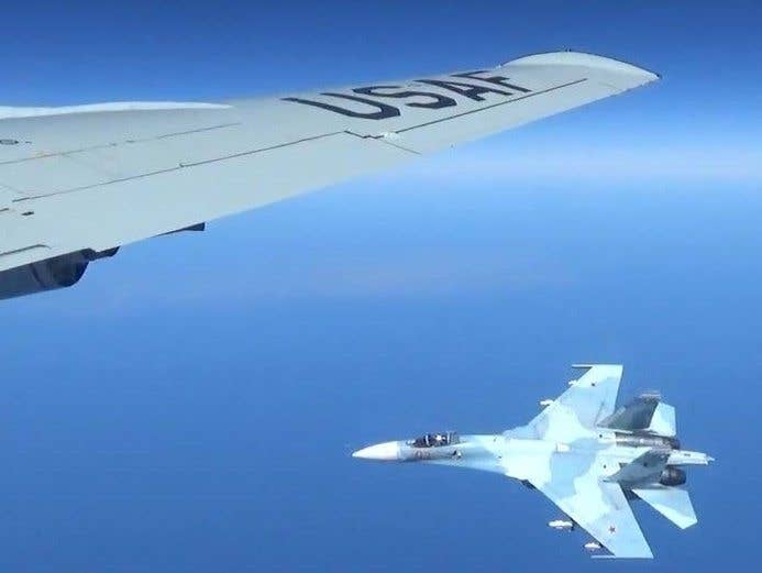 A U.S. RC-135U flying in international airspace over the Baltic Sea was intercepted by a Russian SU-27 Flanker June 19, 2017. Due to the high rate of closure speed and poor control of the aircraft during the intercept, this interaction was determined to be unsafe. (Courtesy photo)