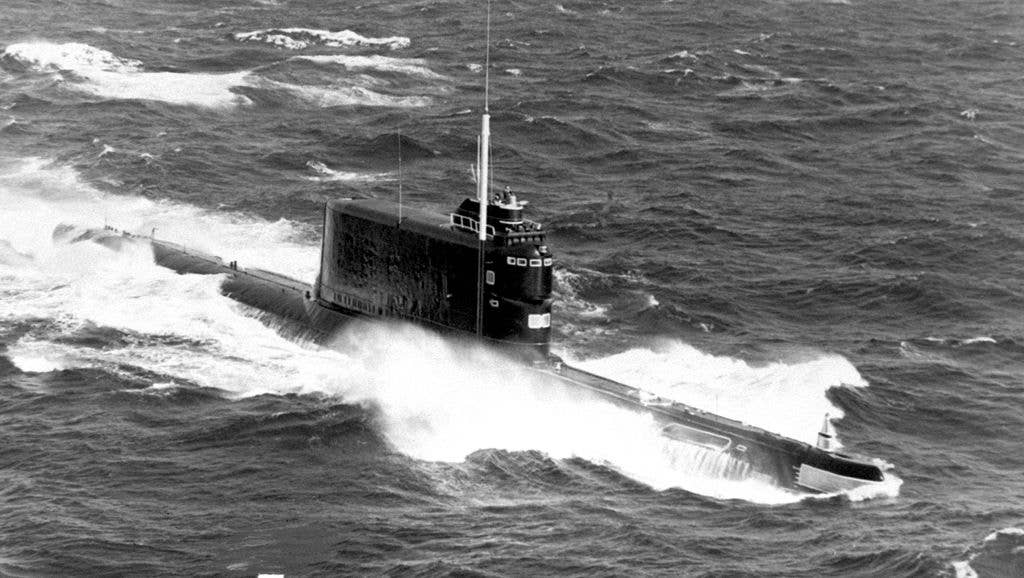 A Golf II class submarine, similar to K-129, running on the surface in 1985 (Photo from U.S. Navy)