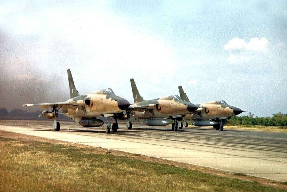 F-105 Thunderchiefs taking off on an air raid against North Vietnam. (USAF photo)