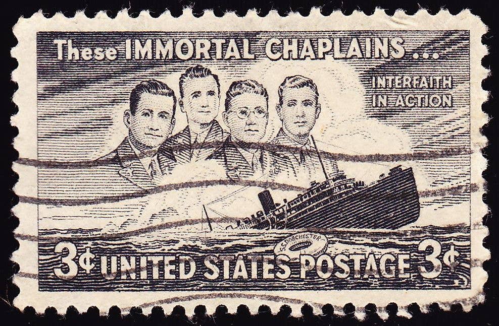 The four chaplains, John P. Washington, Alexander D. Goode, George L. Fox, and Clarke V. Poling, are portrayed on this postage stamp. (US Post Office image)