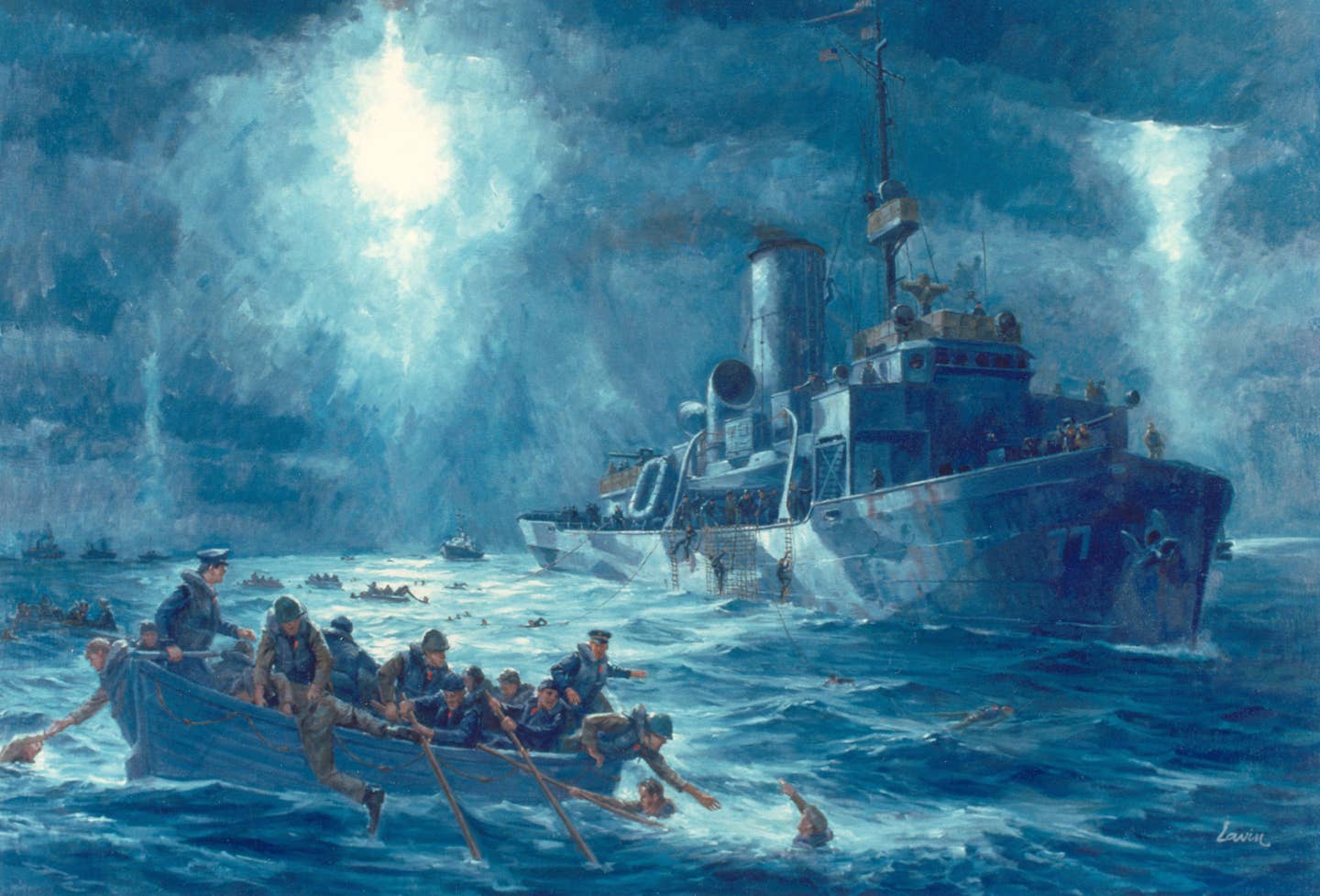 Painting showing the survivors of USAT Dorchester being rescued by USCGC Escanaba (WPG 77). (USCG painting)