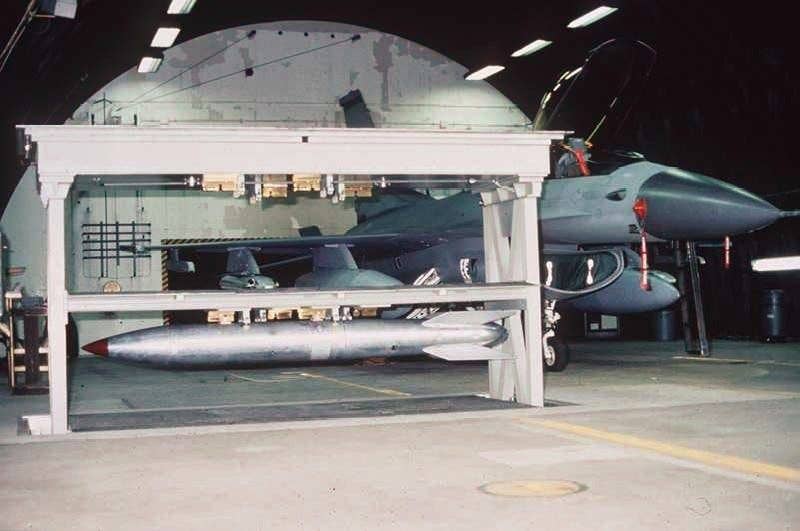 Weapons Storage and Security System vault in raised position holding a B61 nuclear bomb. (USAF photo)