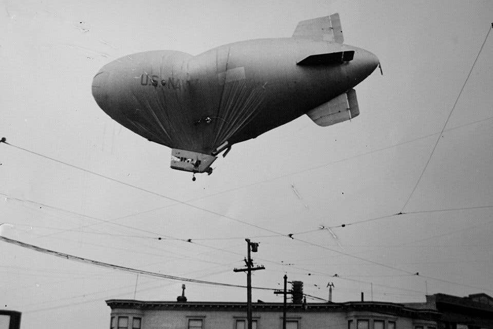 The crewless U.S. Navy blimp, L-8 floats aimlessly over Dale City, Calif.