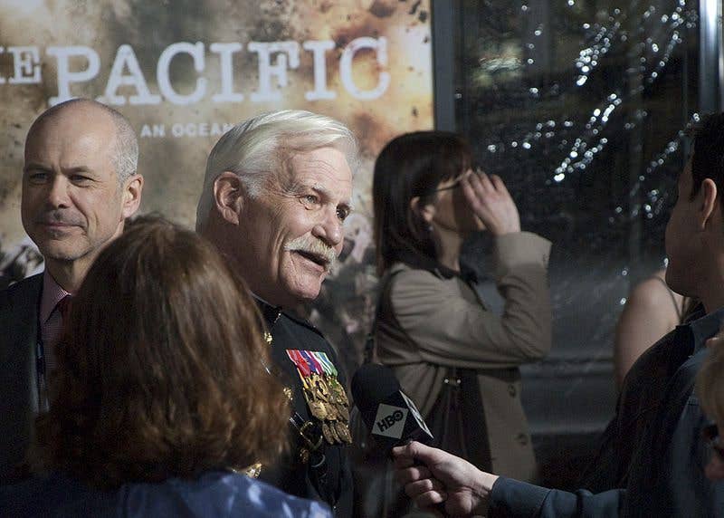 Dale Dye speaks to members of the press during the premiere for The Pacific (Photo U.S. Marine Corps)
