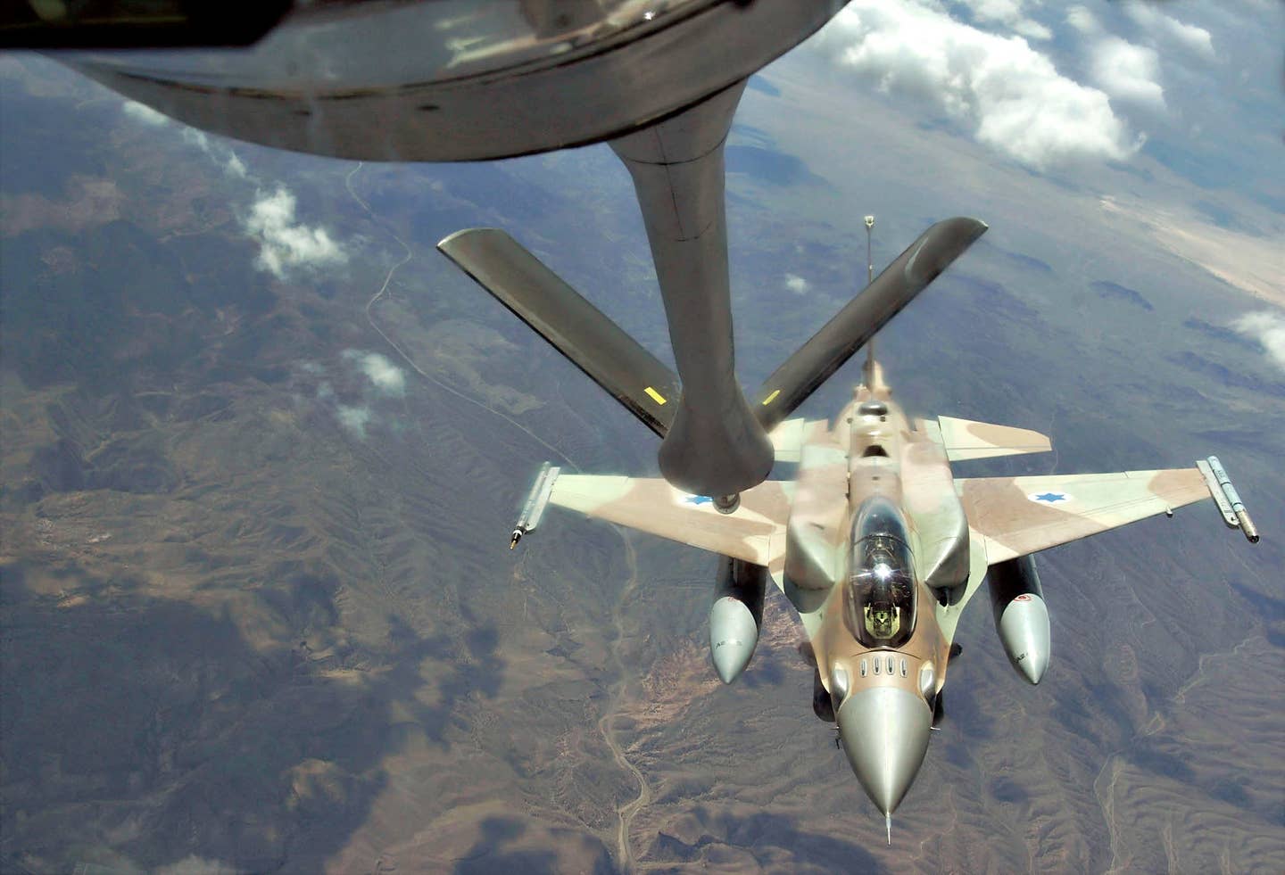 An Israeli Air Force F-16 from Ramon Air Base, Israel, moves into refueling position July 17, 2009, over the Nevada Test and Training Range during Red Flag 09-4. (U.S. Air Force photo by Master Sgt. Kevin J. Gruenwald)