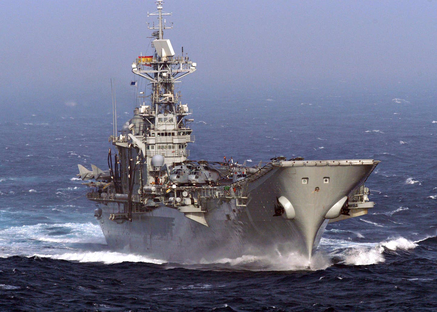 The Spanish aircraft carrier SPS Principe De Asturias (R 11) steams through the Atlantic Ocean while participating in Majestic Eagle 2004. Majestic Eagle is a multinational exercise being conducted off the coast of Morocco. (U.S. Navy photo by Photographer's Mate 3rd Class William Howell)