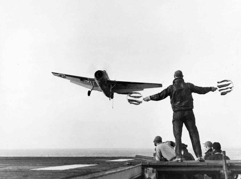 A TBF Avenger comes into land on USS Card (CVE 11) during World War II. The Card sank eight U-boats in that conflict. (U.S. Navy photo)