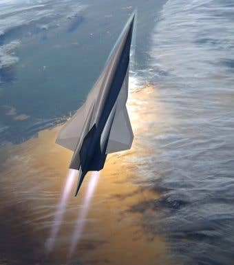 SR-72 in flight over the ocean. The plane, reportedly, can reach Mach 6. (Image from Lockheed Martin)