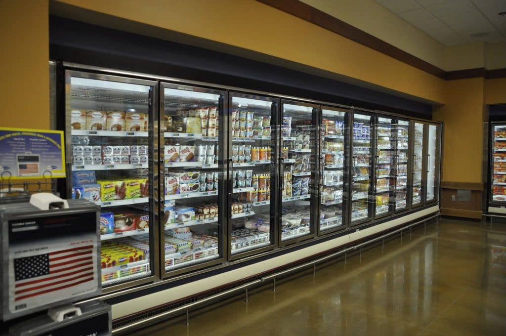 Energy efficient ice cream freezers inside of a Commissary. (DeCA photo by Nancy O'Nell)