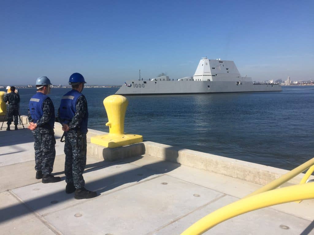 The Navy's most technologically advanced surface ship, USS Zumwalt (DDG 1000), steams through San Diego Bay after the final leg of her three-month journey en route to her new homeport in San Diego. Zumwalt will now begin installation of combat systems, testing and evaluation and operation integration with the fleet. (U.S. Navy photo by Petty Officer 2nd Class Zachary Bell/Released)