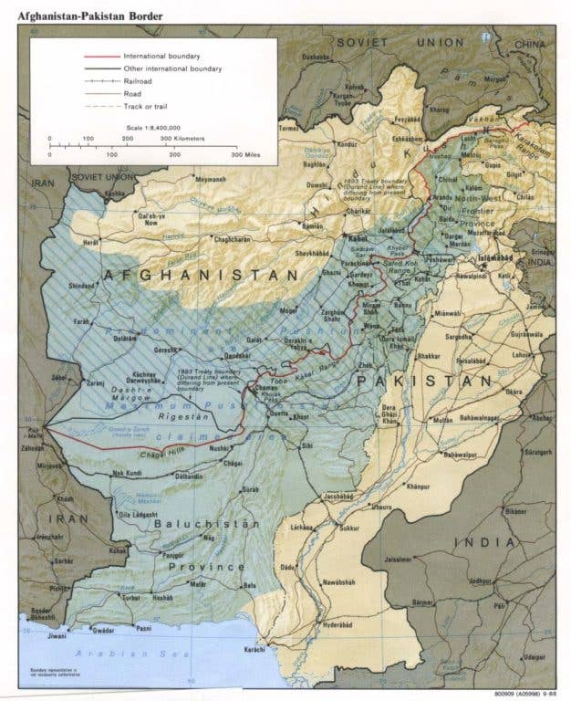 The red line through the center represents the British-imposed Durand Line.