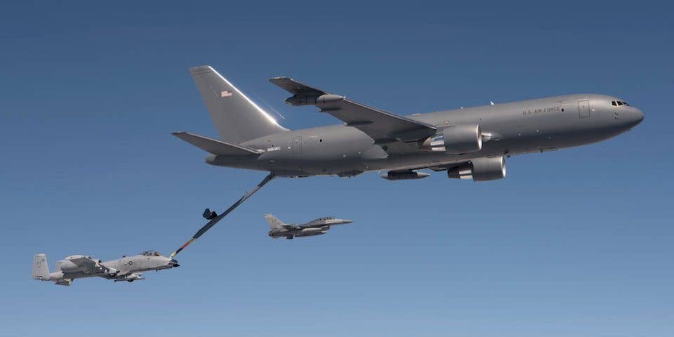 A KC-46 Pegasus refuels an A-10 Thunderbolt II with 1,500 pounds of fuel July 15, 2016. (US Air Force)