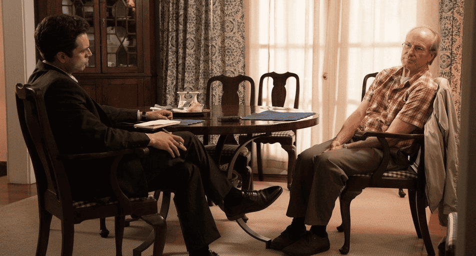 Scott Huffman (Sebastian Stan) speaks with Tulley (William Hurt) Airman William H. Pitsenbarger Jr. heroics. (Screenshot from Warner's Brothers The Last Full Measure).
