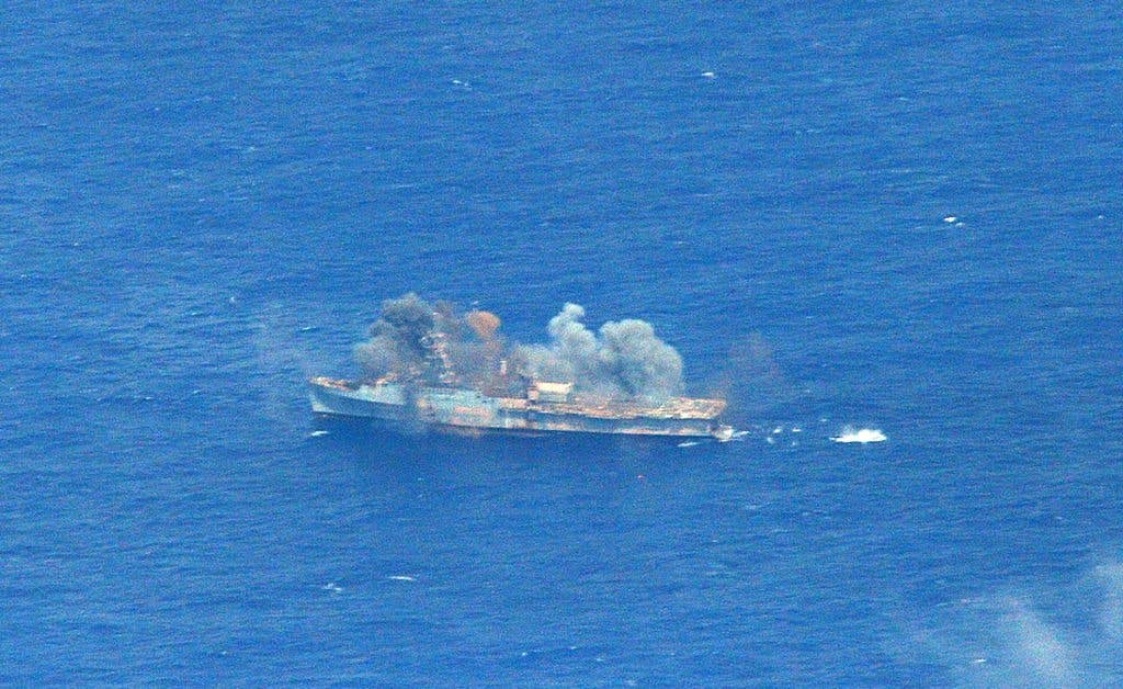 The ex-USS Ogden (LPD 5) is hit by a Naval Strike Missile (NSM) from the Royal Norwegian Navy frigate HNoMS Fridtjof Nansen (F 310) during a Sink Exercise (SINKEX) as part of Rim of the Pacific (RIMPAC) 2014. The Army will be firing the NSM at a ship in the 2018 version of RIMPAC. (U.S. Navy photo by Mass Communication Specialist 1st Class Shannon E. Renfroe)