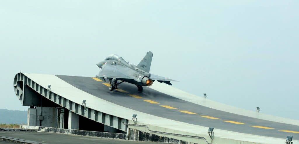 After tests like this one, a planned carrier-based version of the Tejas got the ax. (Indian Navy photo)