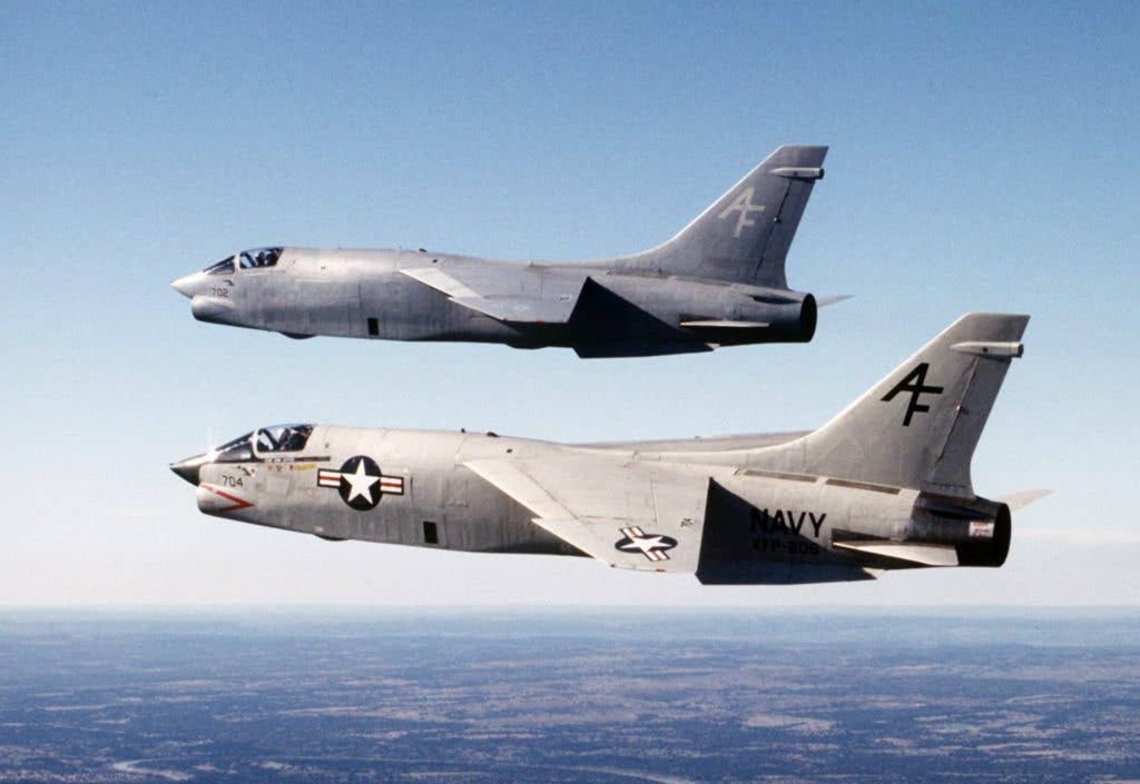 Two RF-8G Crusaders in flight shortly before the 1987 retirement of the plane. (USAF photo)