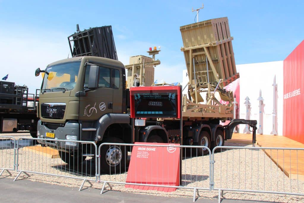 A launcher for the Iron Dome system is displayed. It holds 20 Tamir missiles, with a maximum range of 37 nautical miles. (Raytheon photo)