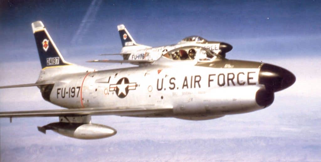 Two F-86L Sabres from the 456th Fighter Interceptor Squadron. The F-86L was an improved F-86D. (USAF photo)