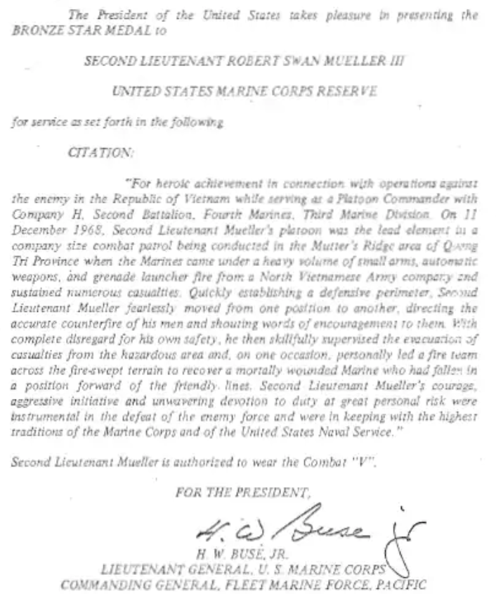 2nd Lt. Robert S. Mueller III's Bronze Star citation obtained by The Washington Post.