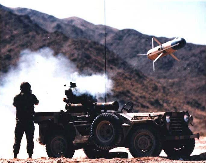 An early BGM-71 TOW is launched from a M151 Jeep. (US Army photo)