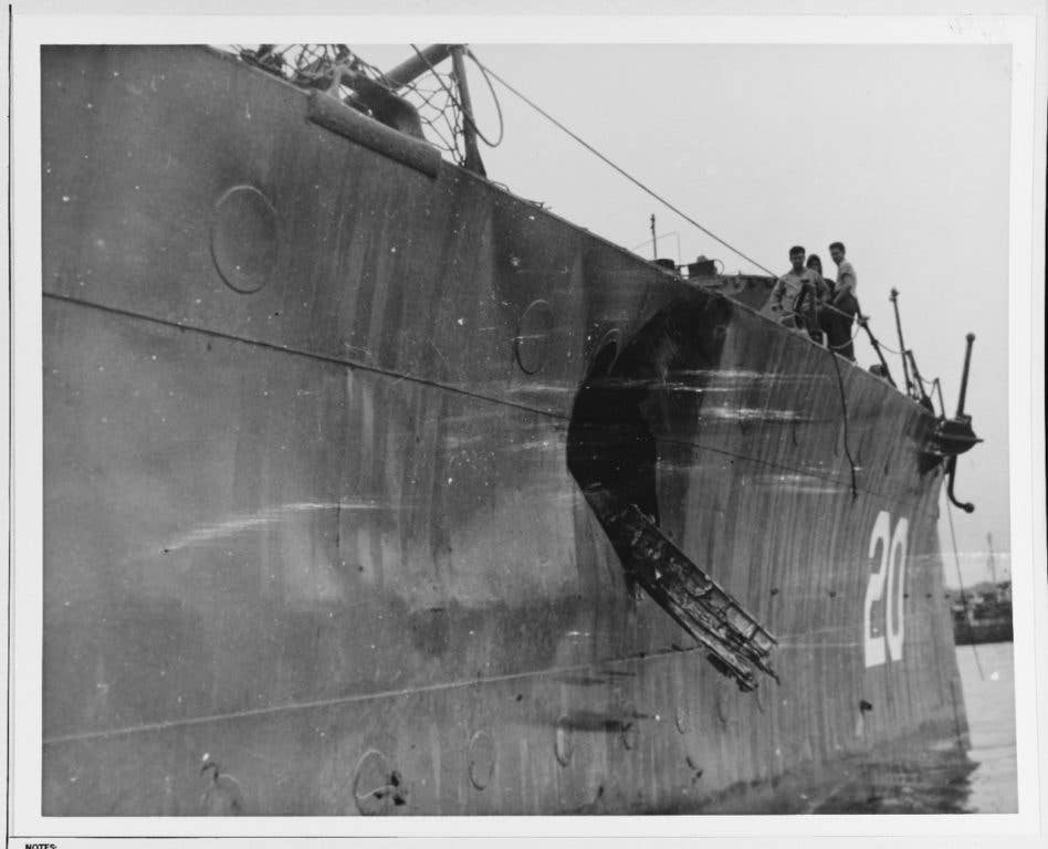 This damage, done by a 1945 kamikaze hit, ended the wartime service of USS Roper. (US Navy photo)