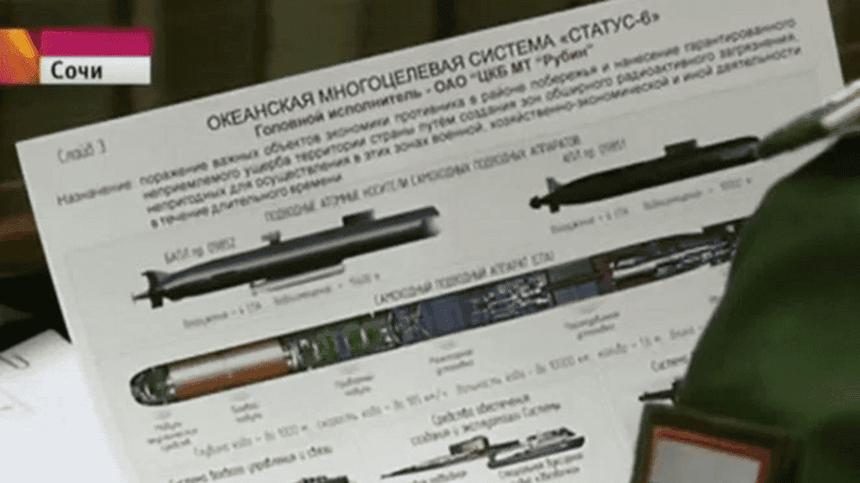 A briefing slide of the alleged Status-6 nuclear torpedo captured from Russian television (Screenshot via BBC)