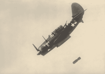 Bomb's away! The Helldiver could carry a 2,000-pound bomb in its bay. (US Navy photo)