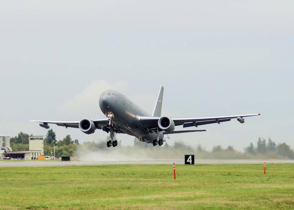 A KC-46 Pegasus takes its first flight at Paine Field in Everett, Washington, September 25, 2015. (U.S. Air Force photo/Jet Fabara)