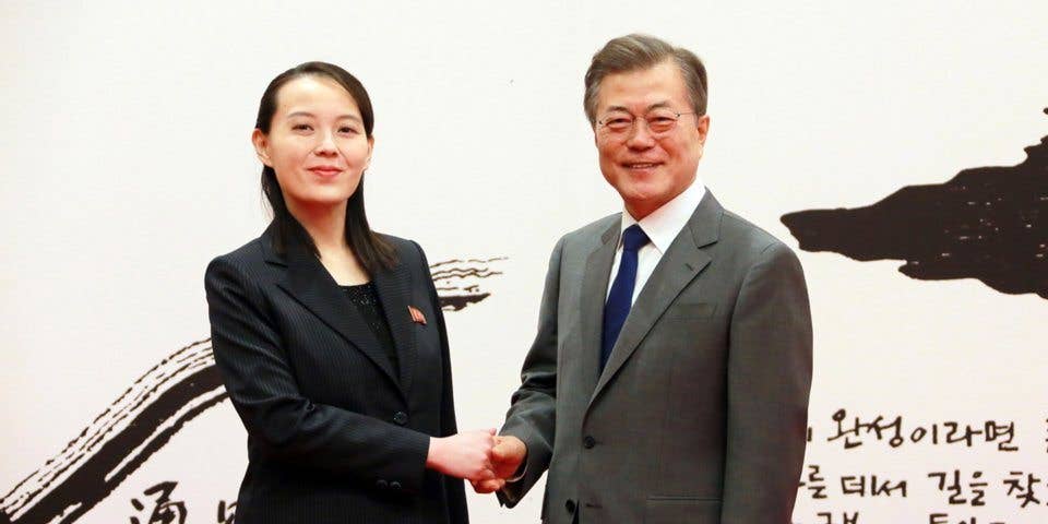 South Korean President Moon Jae-in shakes hands with Kim Yo Jong, the sister of North Korea's leader Kim Jong Un, in Seoul, South Korea in this undated photo released by North Korea's Korean Central News Agency (KCNA) February 10, 2018.