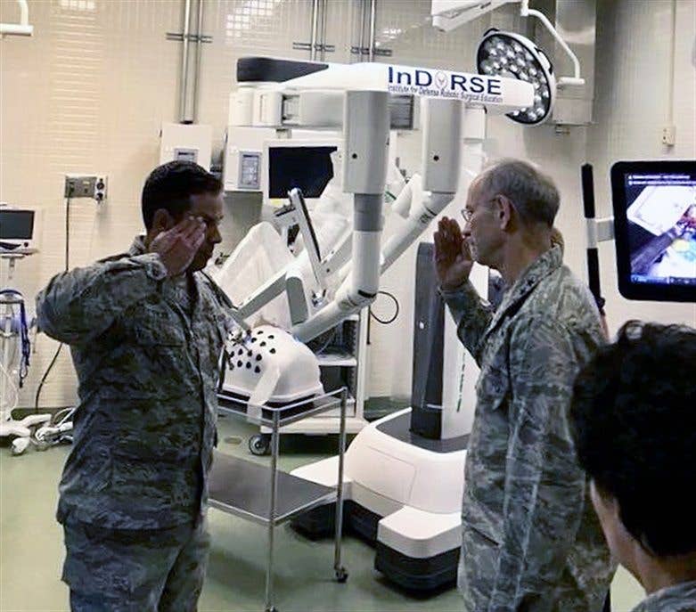 Lt. Gen. Mark Ediger, U.S. Air Force Surgeon General, visits the Institute for Defense Robotic Surgical Education (InDoRSE), with Maj. Joshua Tyler, the program's director, at Keesler Air Force Base, Miss., Oct. 18, 2017.