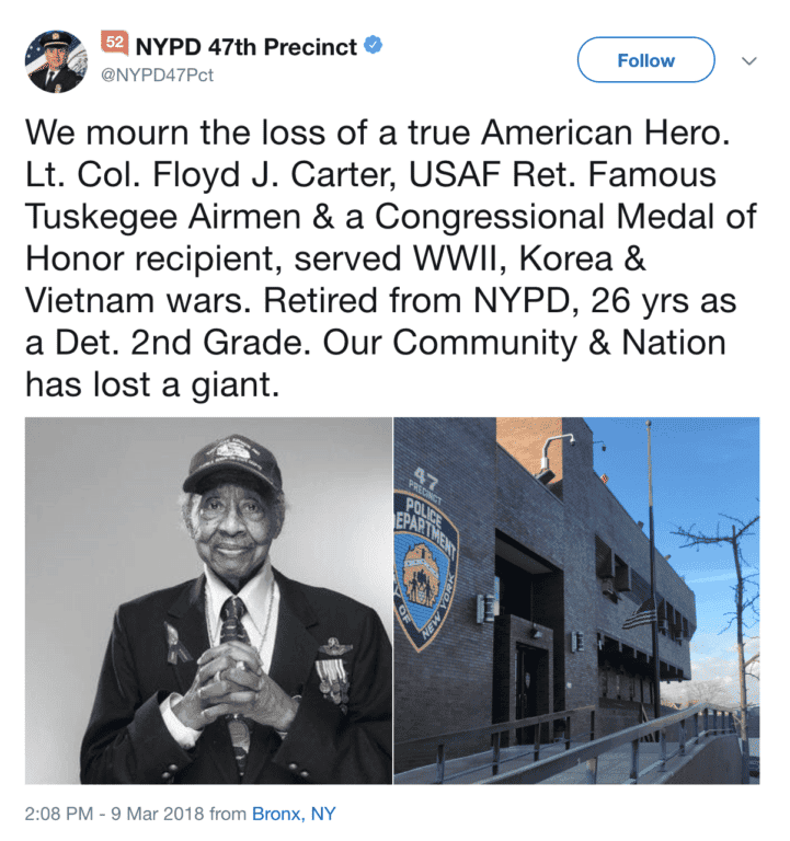 A tweet from Carter's NYPD precinct.