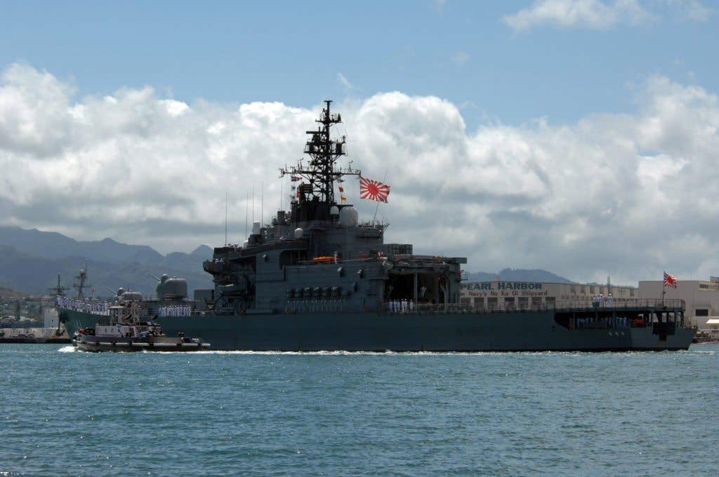 Japanese Maritime Self Defense Ship JS Haruna (DD 141) arrives at Naval Station Pearl Harbor for this year's Rim of the Pacific Exercise (RIMPAC). Haruna had similar armament to baseline Spruance-class destroyers and could carry up to three Sea King anti-submarine helicopters. (US Navy photo)