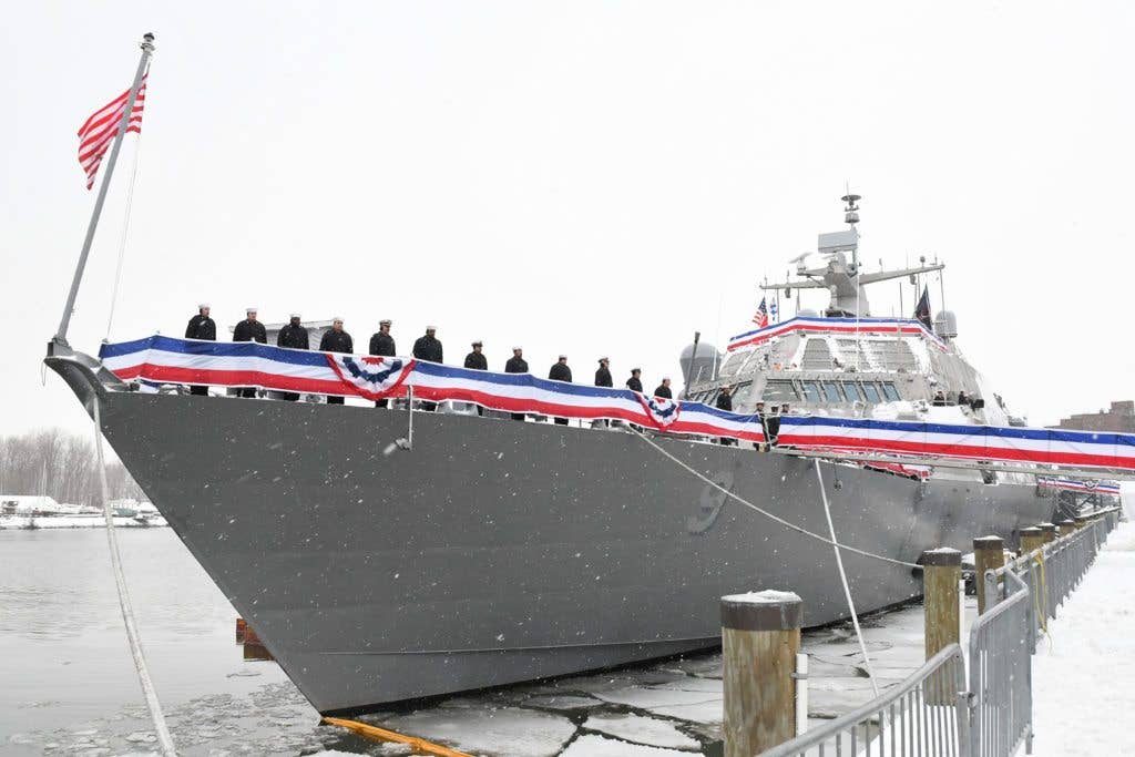 USS Little Rock (LCS 9), seen here during her December 2017 commissioning, is currently stuck in ice on the Great Lakes. (U.S. Navy photo courtesy of Lockheed Martin)