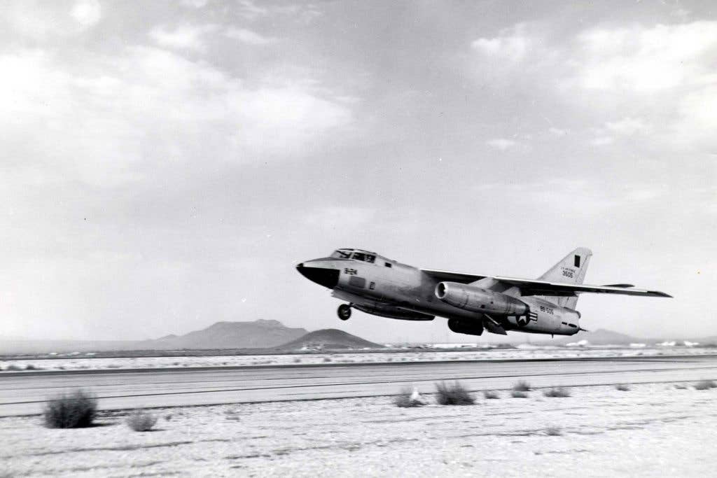 Douglas B-66B Destroyer takes off (S/N 53-505). Note the landing gear is about halfway through the retract cycle and the altitude is roughly 5 feet. (U.S. Air Force photo)