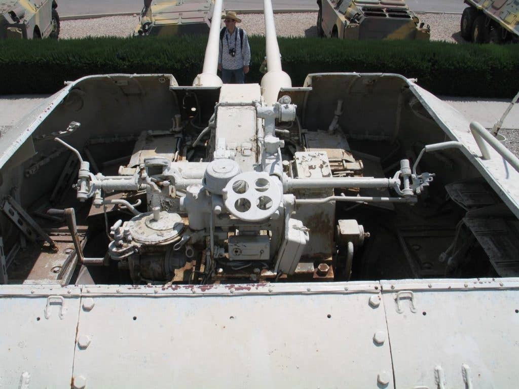 The heart of the ZSU-57-2 is a pair of 57mm S-60 anti-aircraft guns. The T-15 Armata has this same gun. (Wikimedia Commons photo by Bukvoed)