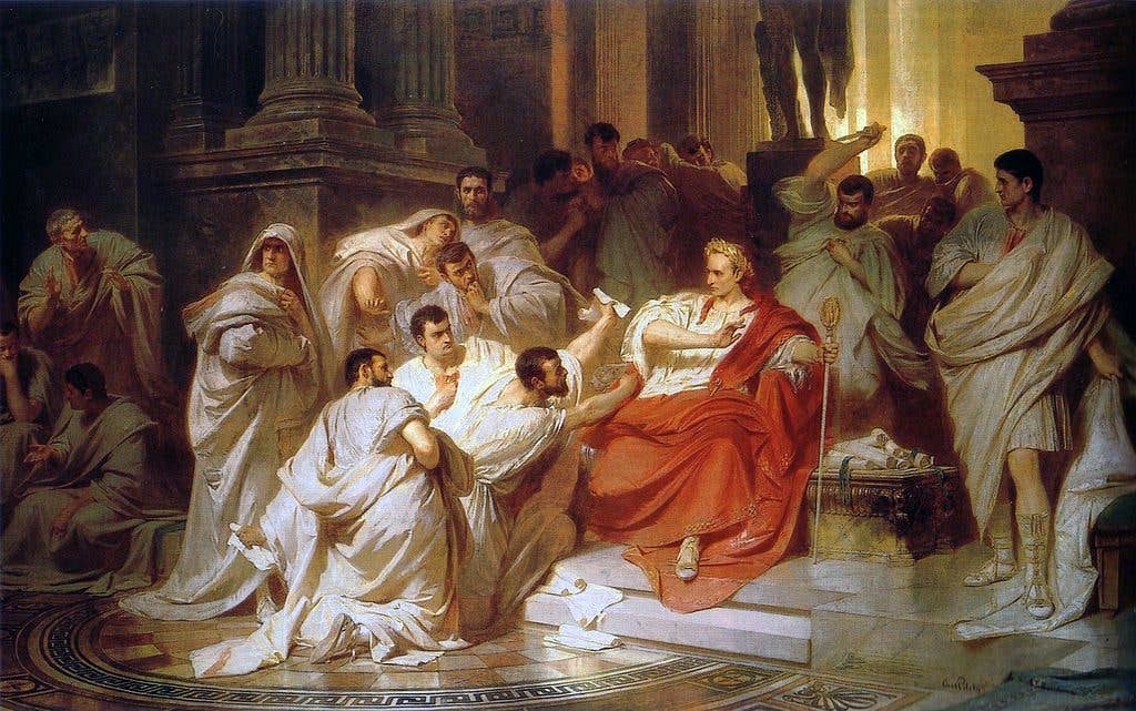 The senators encircle Caesar, a 19th-century interpretation of the event. (By Carl Theodor von Piloty)