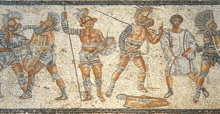 Gladiators from the Zliten mosaic.