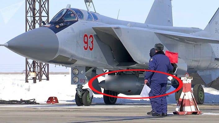 Still photos of the MiG-31 Foxhound released by the Russian Aerospace Forces were obscured over some areas of the new Kinzhal missile. (Photo by Russian Aerospace Forces)