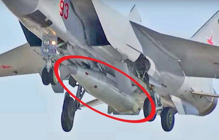 A screen grab from the video released on YouTube details the new Kinzhal missile. (Photo by Russian Aerospace Forces/via YouTube)