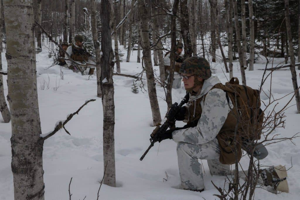 U.S. Marines with Kilo Company, 3rd Battalion, 8th Marine Regiment, conduct the Combined Arms Live Fire Exercise, the culminating event of Artic Edge, at Fort Greely, Alaska, on March 14, 2018. Arctic Edge 2018 is a biennial, large-scale, joint training exercise that prepares and tests the U.S. military's capabilities in Arctic environments. (U.S. Marine Corps photo by Cpl. Bethanie Ryan)