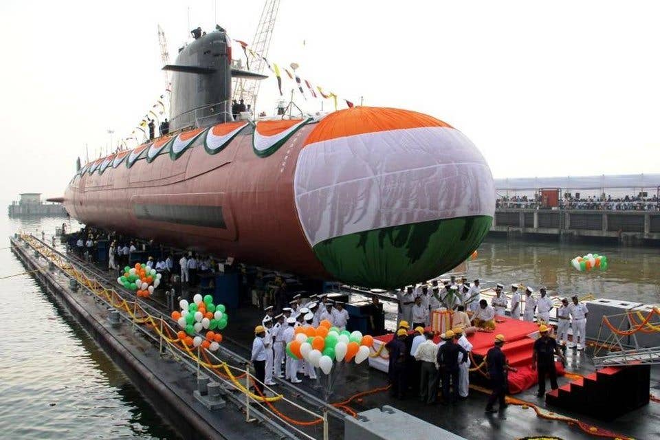 India's first-in-class Kalvari submarine at Naval Dockyard in Mumbai in October 2015. (Photo by Indian navy)