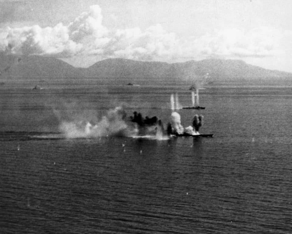 One of many air attacks carried out on HIJMS Musashi during the Battle of Leyte Gulf. It took over 20 torpedo hits to put that ship on the bottom. (US Navy photo)