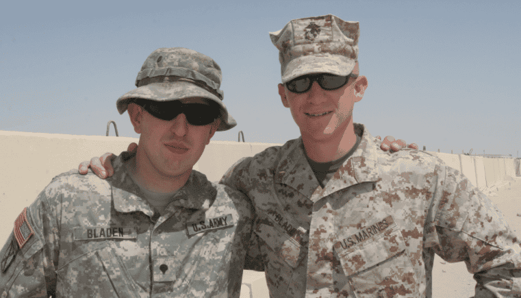 Spec. Seth A. Bladen stands with his brother, 2nd Lt. Shane A. Bladen, for a quick snapshot after crossing paths aboard Camp Buehring, Kuwait, Sept. 14, 2007. (Photo by Cpl. Peter R. Miller)