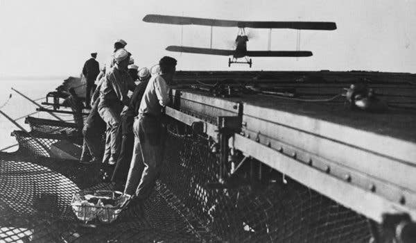 Approaching the flight deck of USS Langley during landing practice Oct. 19, 1922. (Courtesy of the U.S. Naval Institute Photographic Collection. U.S. Naval History and Heritage Command photo.)